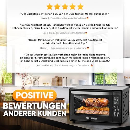 Stillstern Minibackofen mit Umluft (35L) DE Version, Pizza Ø28cm, NEU: CYCLONE PRO+ (Antihaftbeschichtung), 13 Programme, Auftauen&Warmhalten, 8h Timer, Rezeptheft, Mini Backofen Pizzaofen Grill