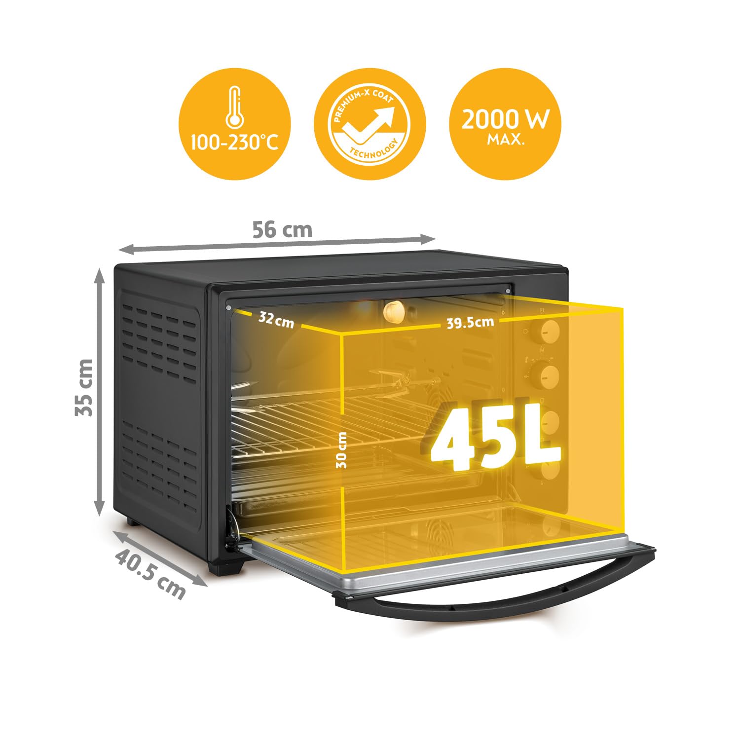 TZS First Austria - Minibackofen 45L 2000W - Mini Backofen Pizzaofen Temperaturregelung bis 230°C & Antihaftbeschichtung - Miniofen 60 Min. Timer, 4 Einschubhöhen, Backblech, Grillrost & Drehspieß
