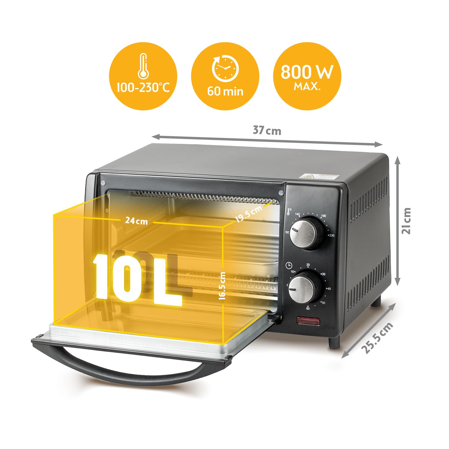 TZS First Austria - Minibackofen 10L 800W - Mini Backofen stufenlose Temperaturregelung bis 230°C - Miniofen 60 Min. Timer, 2 Einschubhöhen, Backblech & Grillrost - Für kleine Küchen & Camping