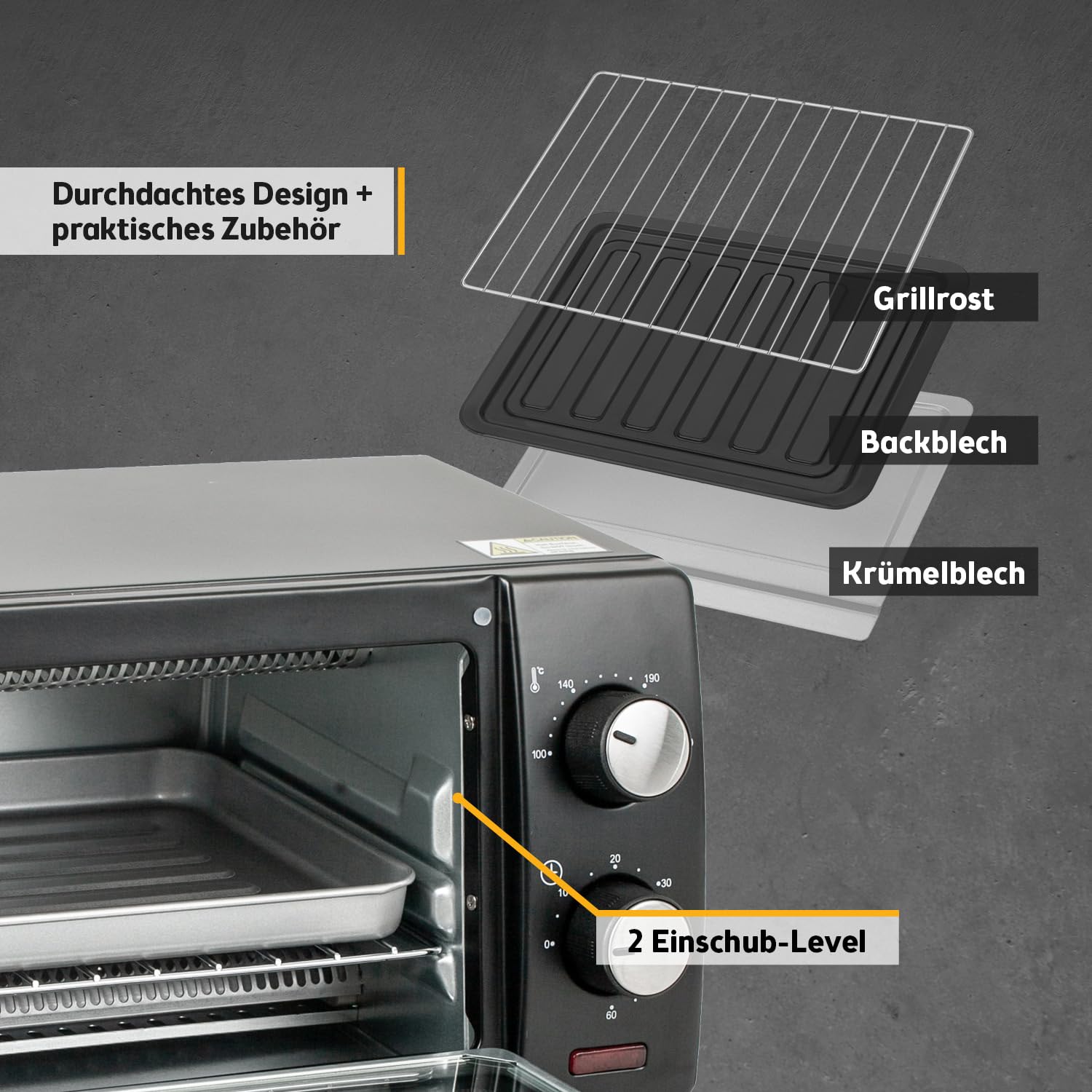 TZS First Austria - Minibackofen 10L 800W - Mini Backofen stufenlose Temperaturregelung bis 230°C - Miniofen 60 Min. Timer, 2 Einschubhöhen, Backblech & Grillrost - Für kleine Küchen & Camping