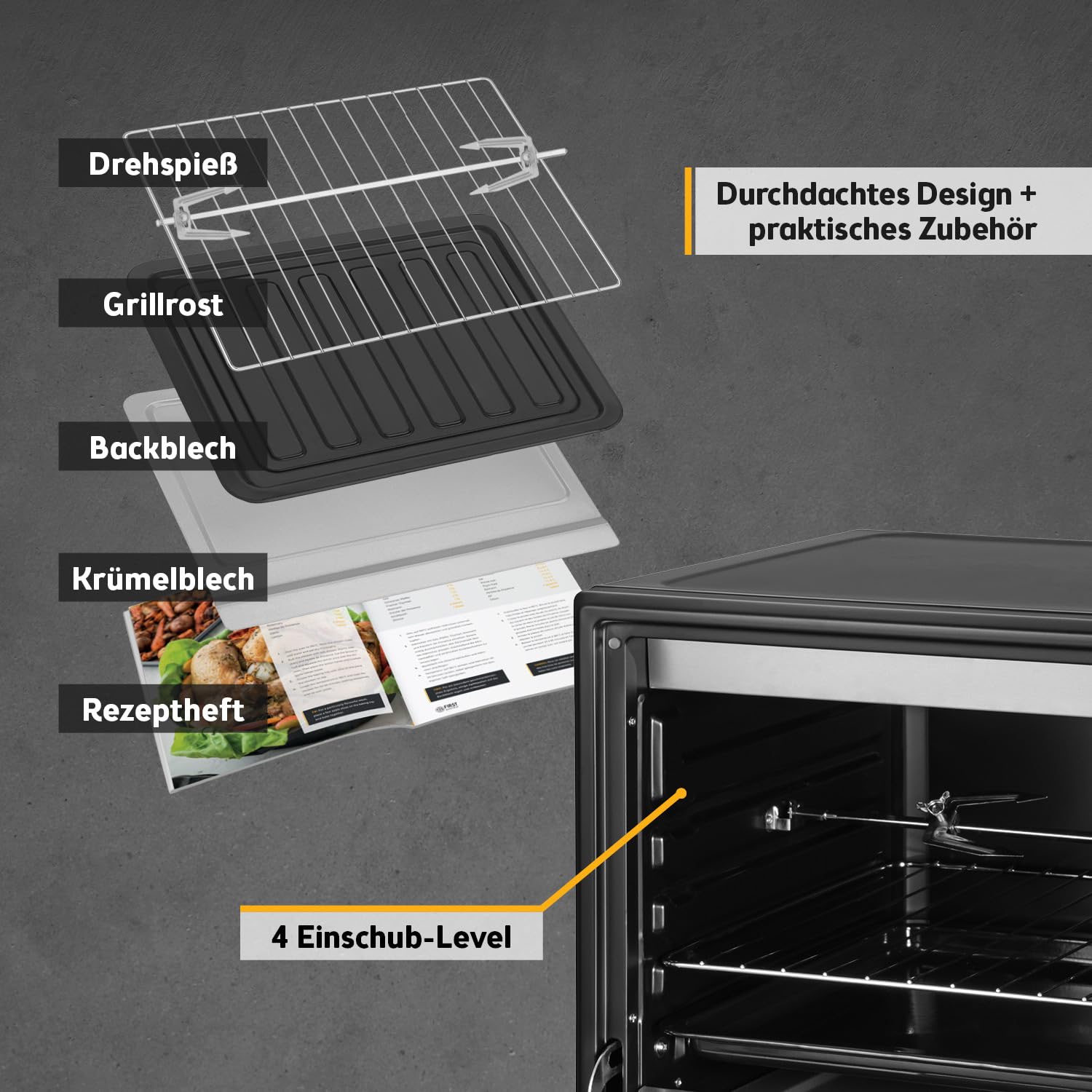 TZS First Austria - Minibackofen 45L 2000W - Mini Backofen Pizzaofen Temperaturregelung bis 230°C & Antihaftbeschichtung - Miniofen 60 Min. Timer, 4 Einschubhöhen, Backblech, Grillrost & Drehspieß