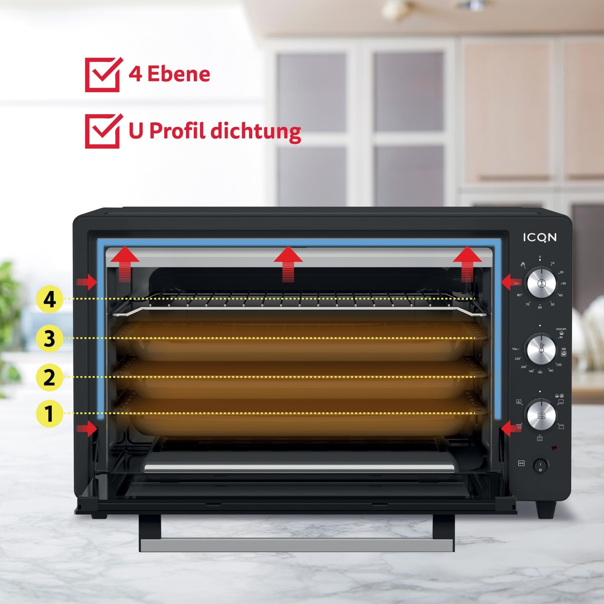 ICQN Minibackofen 60 Liter XXL mit Umluft, Drehspieß, Emailliert, Anthrazit