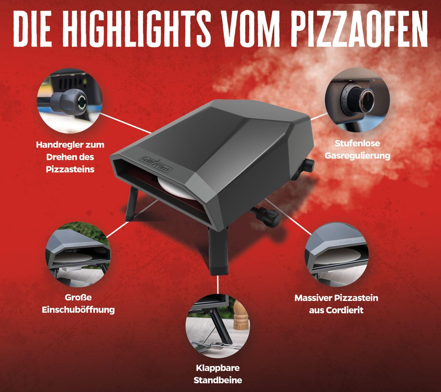 Grillfürst Gas Pizzaofen 305 mit drehbarem Pizzastein - bis zu 400°C, 4,65 kW starker Outdoor-Ofen für Pizza, geeignet für Terrasse, Balkon und Garten, perfekt für knusprige Pizza