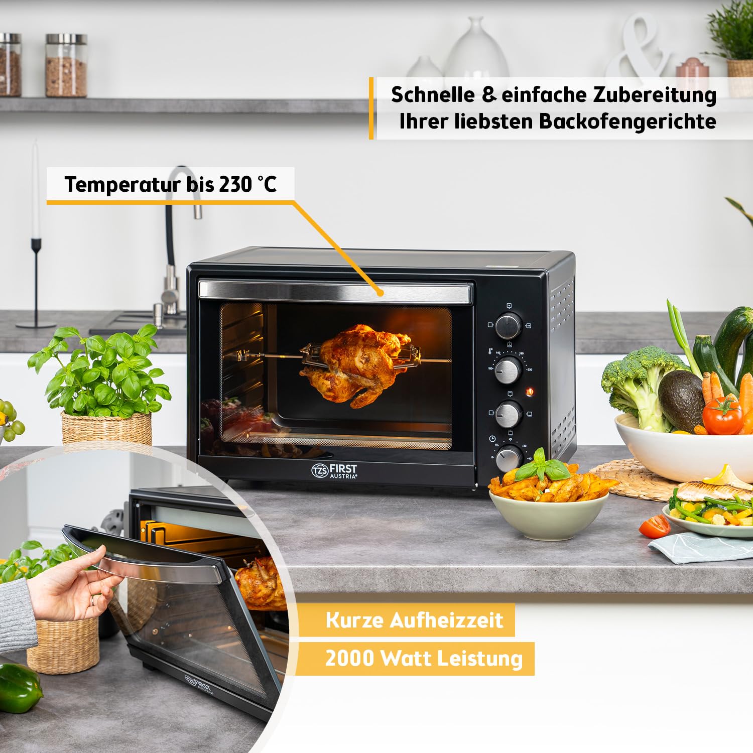TZS First Austria - Minibackofen 45L 2000W - Mini Backofen Pizzaofen Temperaturregelung bis 230°C & Antihaftbeschichtung - Miniofen 60 Min. Timer, 4 Einschubhöhen, Backblech, Grillrost & Drehspieß