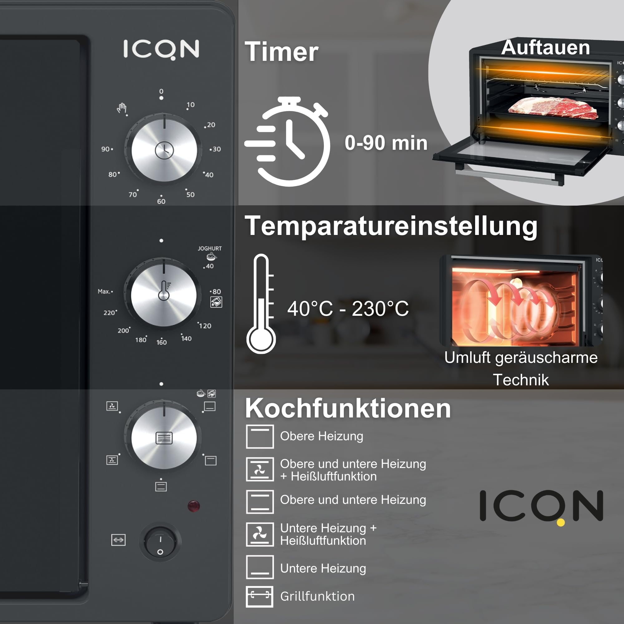 ICQN Minibackofen 60 Liter XXL mit Umluft, Drehspieß, Emailliert, Anthrazit
