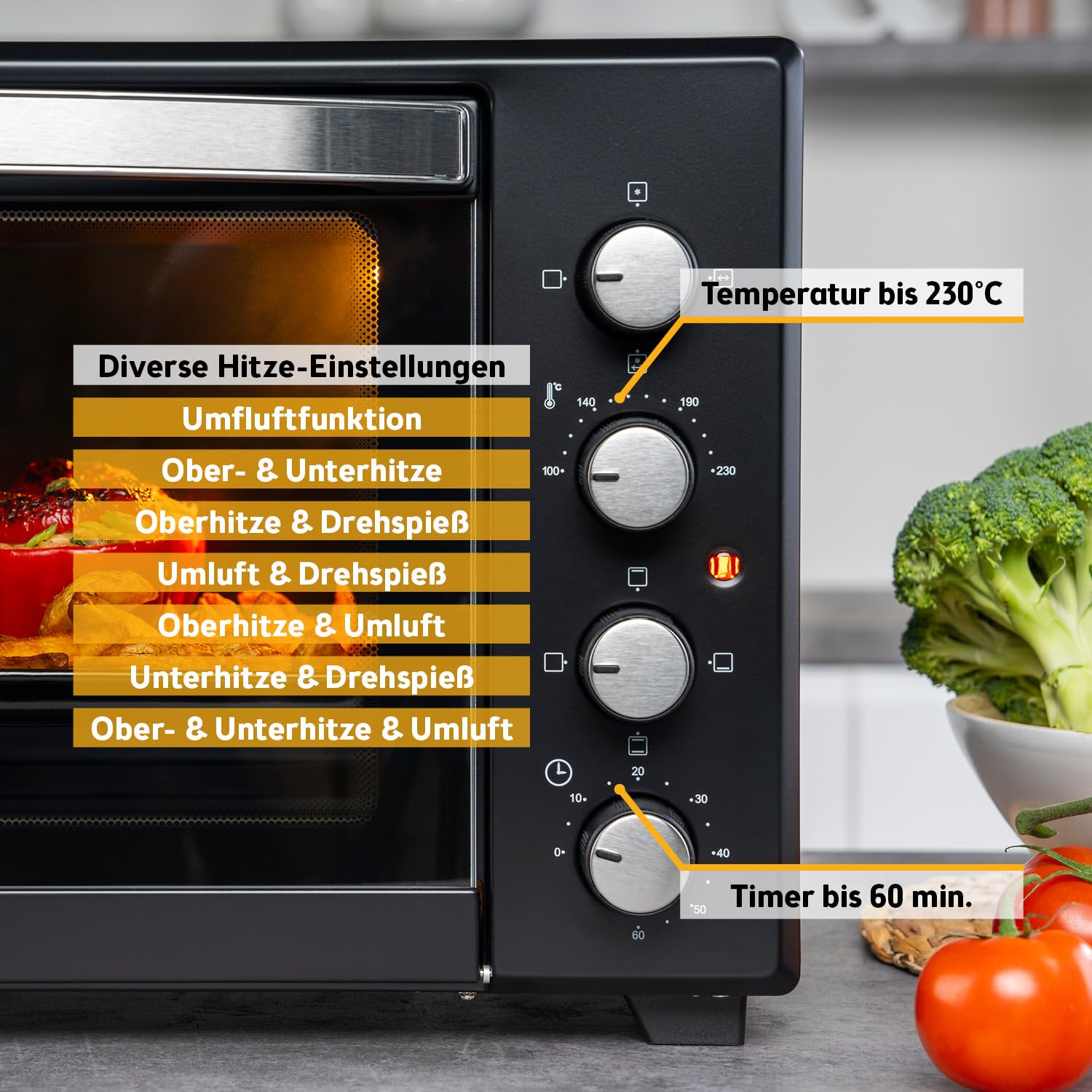 TZS First Austria - Minibackofen 45L 2000W - Mini Backofen Pizzaofen Temperaturregelung bis 230°C & Antihaftbeschichtung - Miniofen 60 Min. Timer, 4 Einschubhöhen, Backblech, Grillrost & Drehspieß