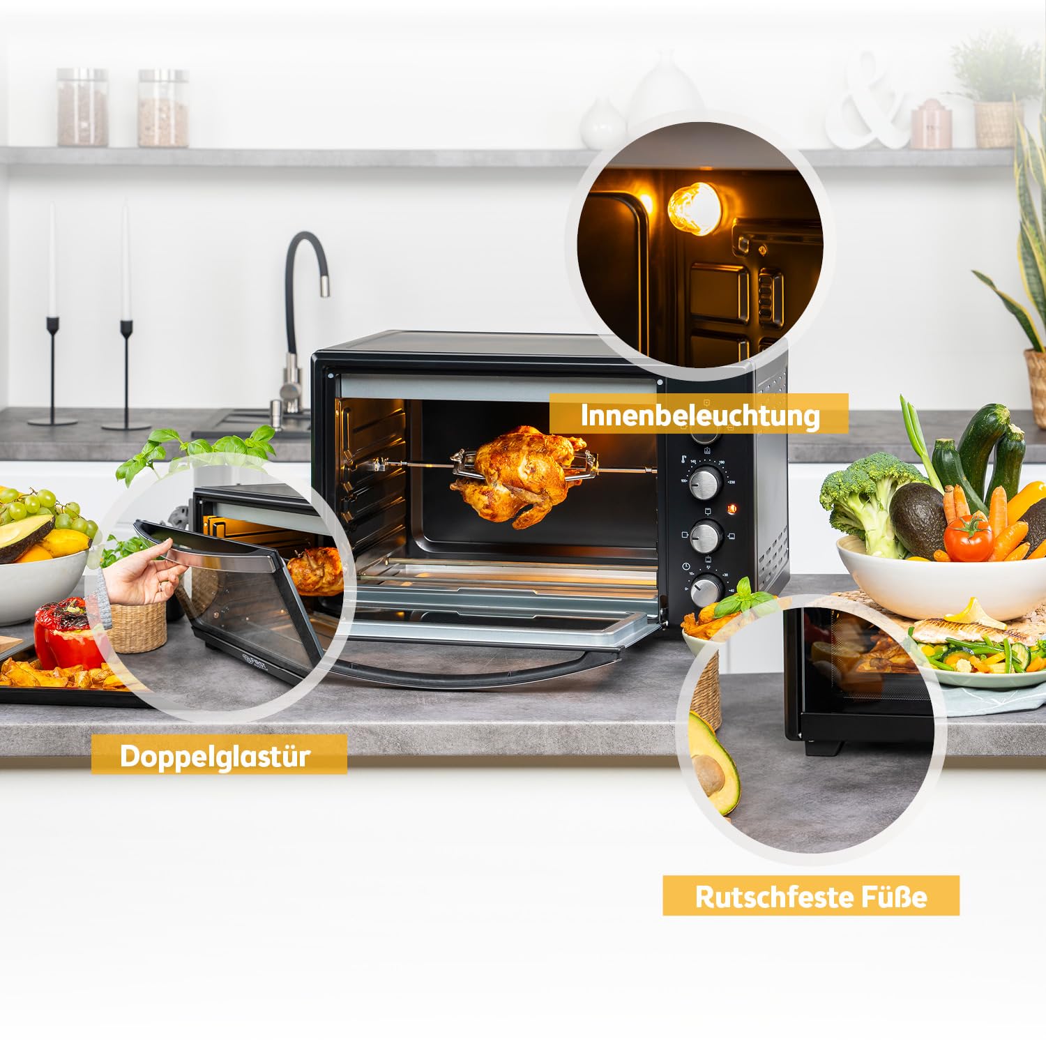TZS First Austria - Minibackofen 45L 2000W - Mini Backofen Pizzaofen Temperaturregelung bis 230°C & Antihaftbeschichtung - Miniofen 60 Min. Timer, 4 Einschubhöhen, Backblech, Grillrost & Drehspieß