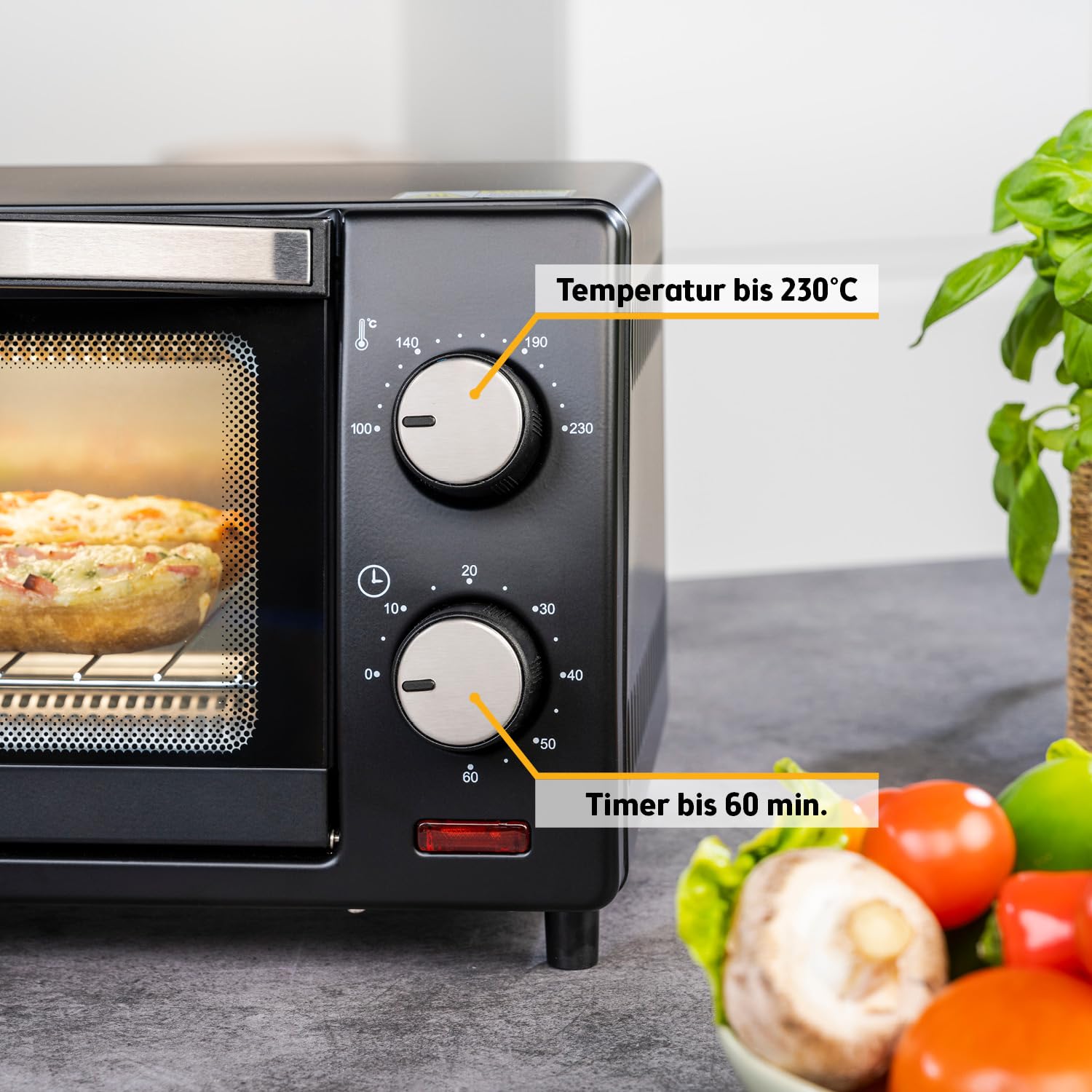 TZS First Austria - Minibackofen 10L 800W - Mini Backofen stufenlose Temperaturregelung bis 230°C - Miniofen 60 Min. Timer, 2 Einschubhöhen, Backblech & Grillrost - Für kleine Küchen & Camping
