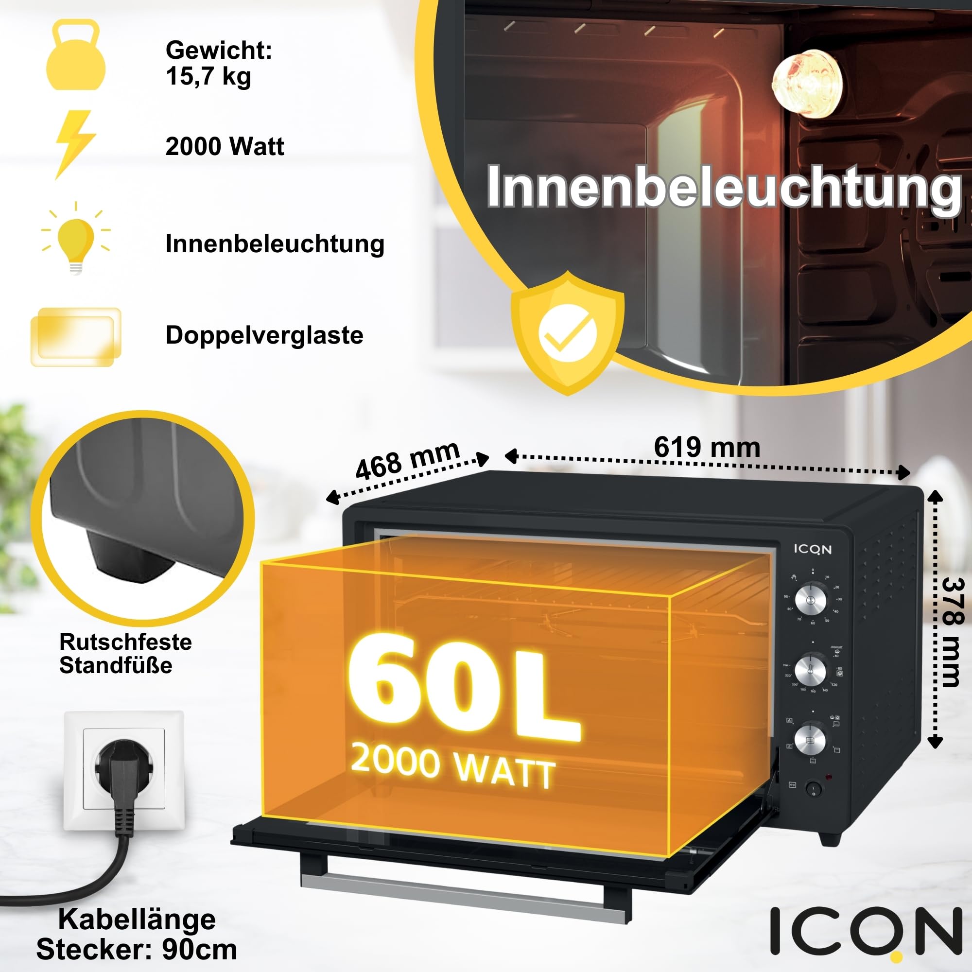ICQN Minibackofen 60 Liter XXL mit Umluft, Drehspieß, Emailliert, Anthrazit
