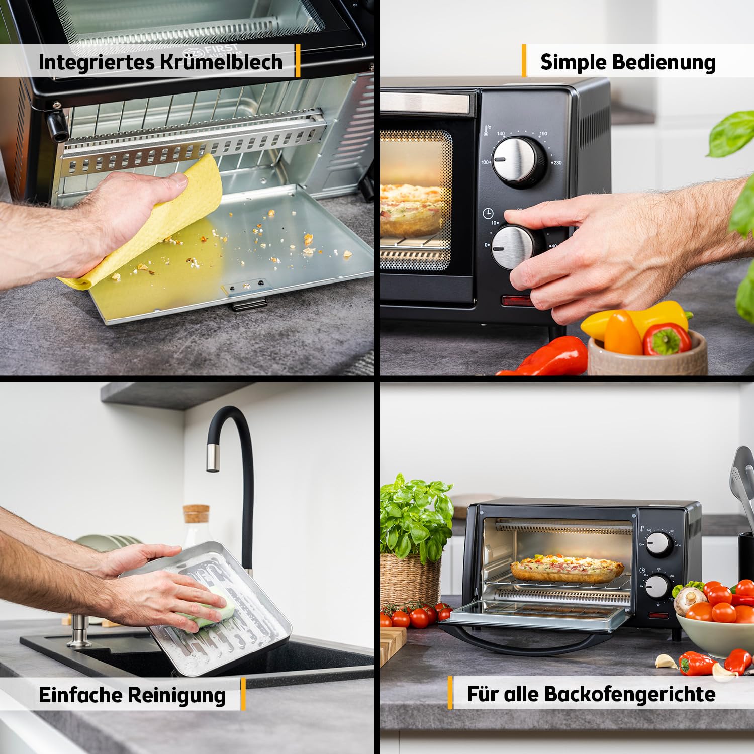 TZS First Austria - Minibackofen 10L 800W - Mini Backofen stufenlose Temperaturregelung bis 230°C - Miniofen 60 Min. Timer, 2 Einschubhöhen, Backblech & Grillrost - Für kleine Küchen & Camping