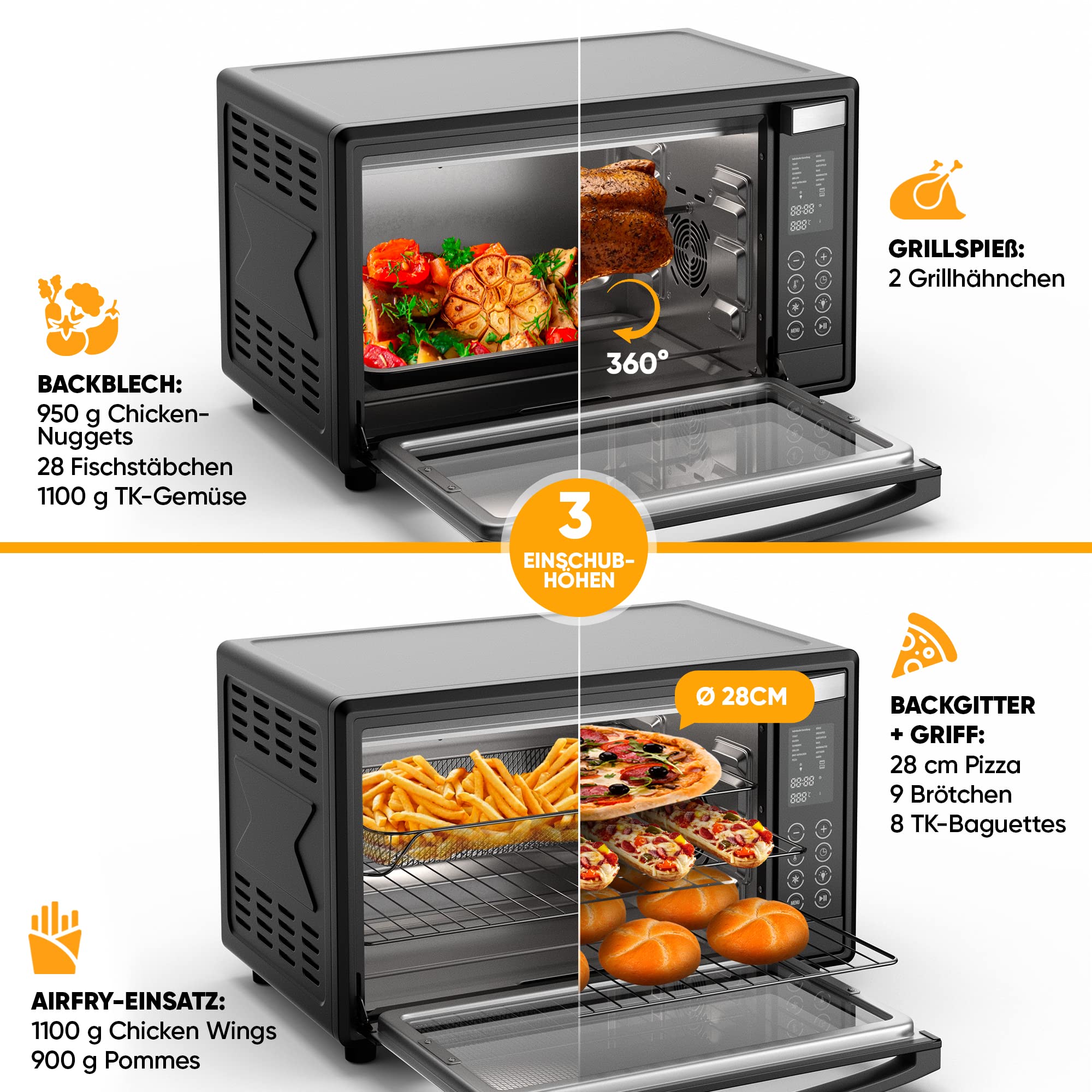 Stillstern Minibackofen mit Umluft (35L) DE Version, Pizza Ø28cm, NEU: CYCLONE PRO+ (Antihaftbeschichtung), 13 Programme, Auftauen&Warmhalten, 8h Timer, Rezeptheft, Mini Backofen Pizzaofen Grill