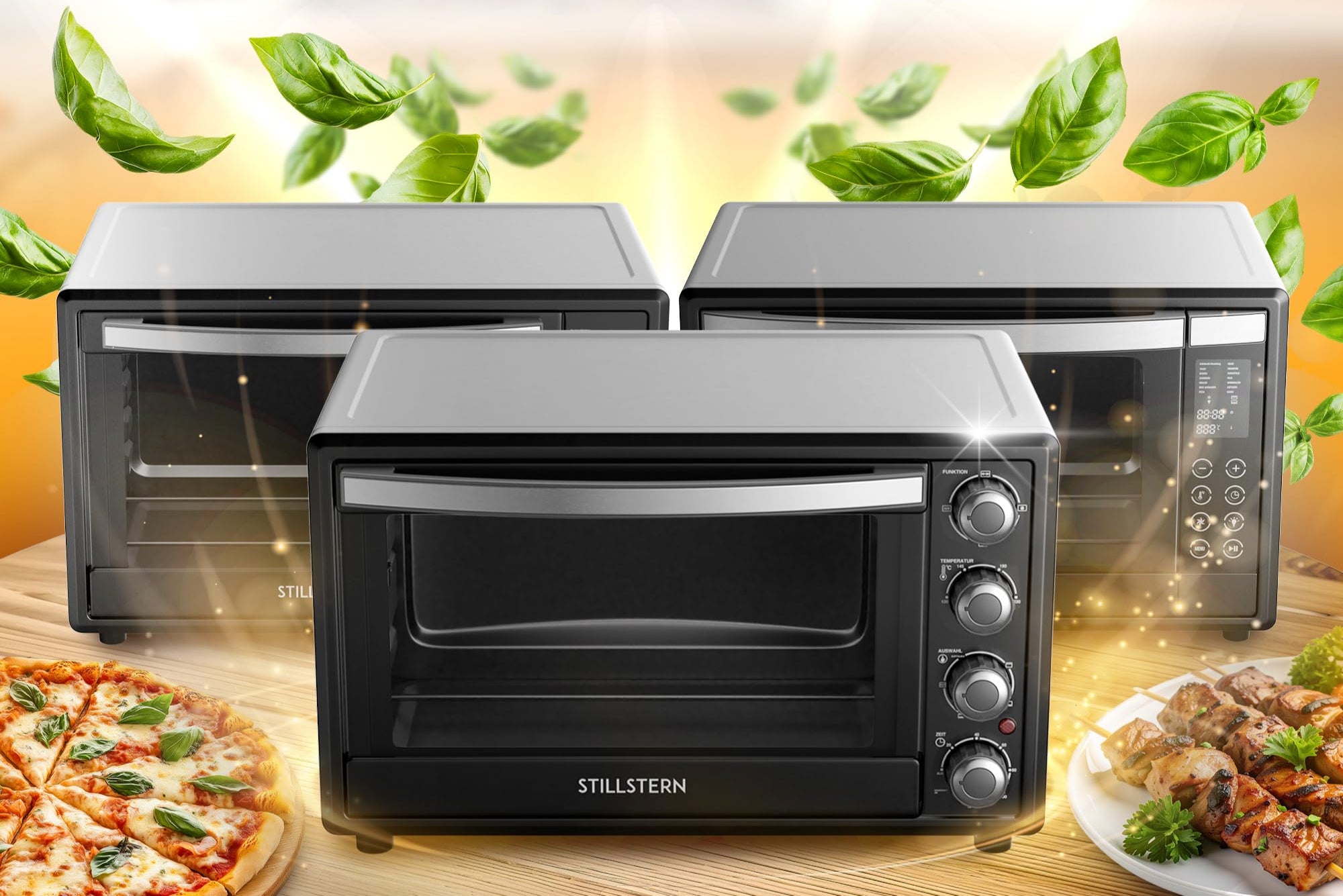 Stillstern Minibackofen mit Umluft (35L) DE Version, Pizza Ø28cm, NEU: CYCLONE PRO+ (Antihaftbeschichtung), 13 Programme, Auftauen&Warmhalten, 8h Timer, Rezeptheft, Mini Backofen Pizzaofen Grill