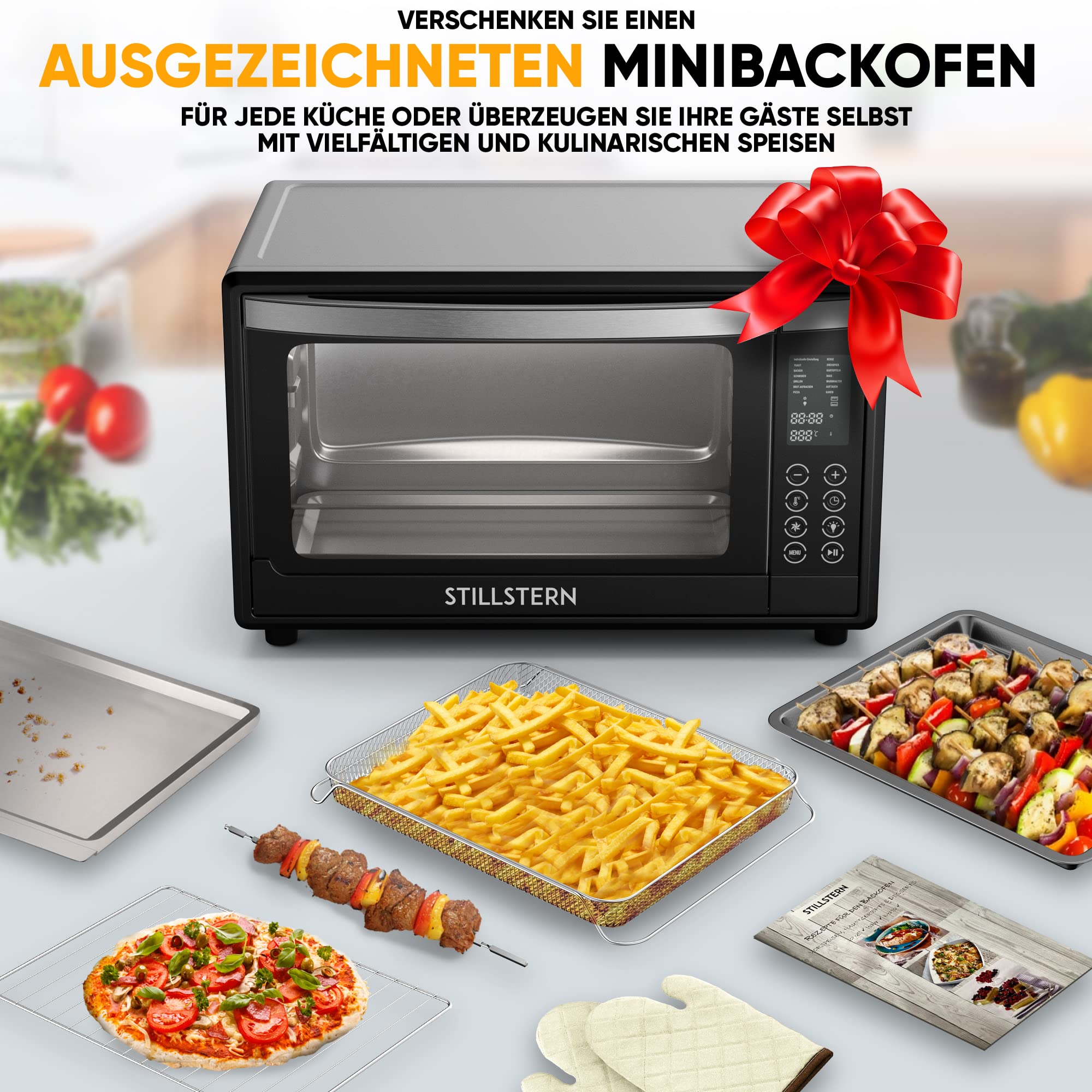 Stillstern Minibackofen mit Umluft (35L) DE Version, Pizza Ø28cm, NEU: CYCLONE PRO+ (Antihaftbeschichtung), 13 Programme, Auftauen&Warmhalten, 8h Timer, Rezeptheft, Mini Backofen Pizzaofen Grill