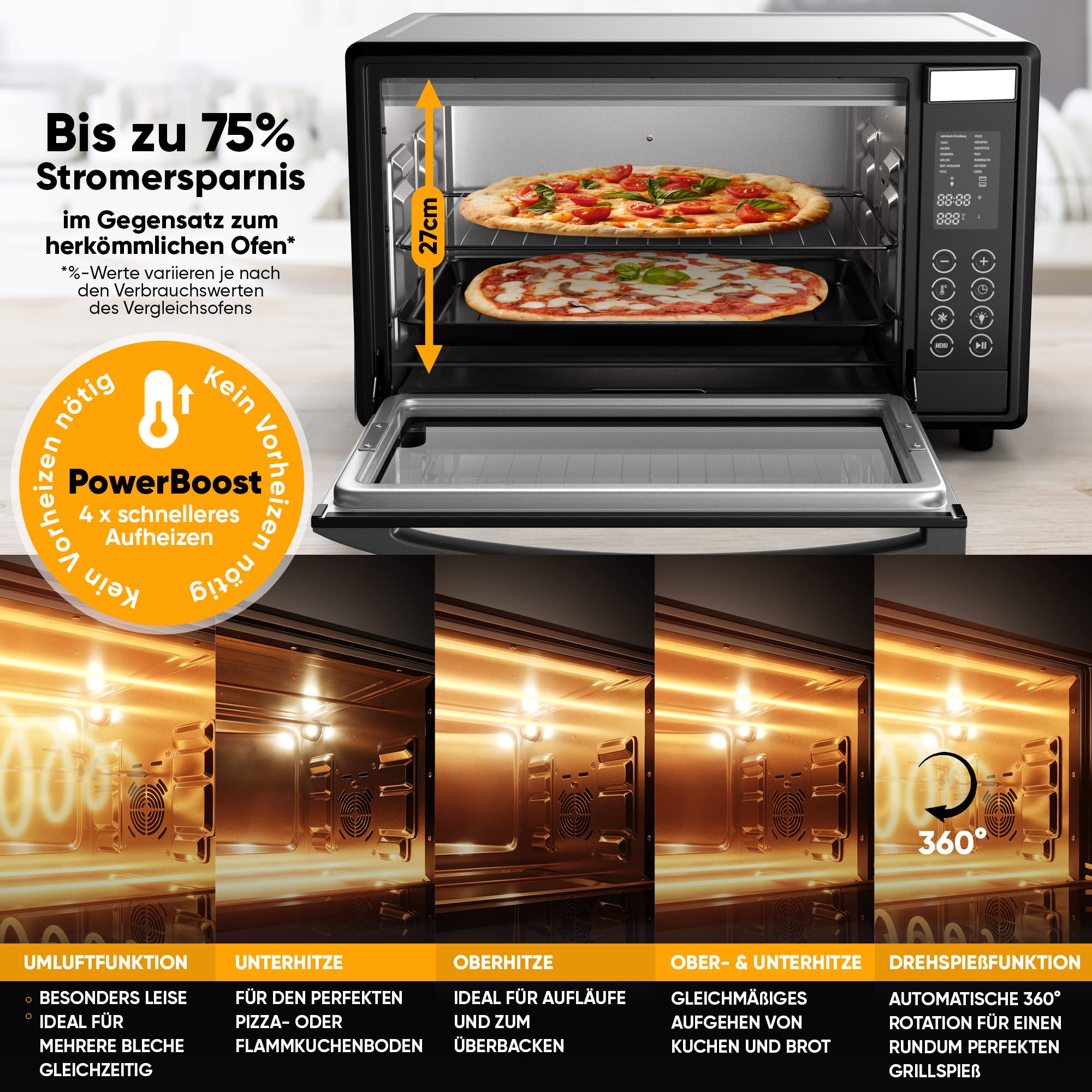 Stillstern Minibackofen mit Umluft (35L) DE Version, Pizza Ø28cm, NEU: CYCLONE PRO+ (Antihaftbeschichtung), 13 Programme, Auftauen&Warmhalten, 8h Timer, Rezeptheft, Mini Backofen Pizzaofen Grill