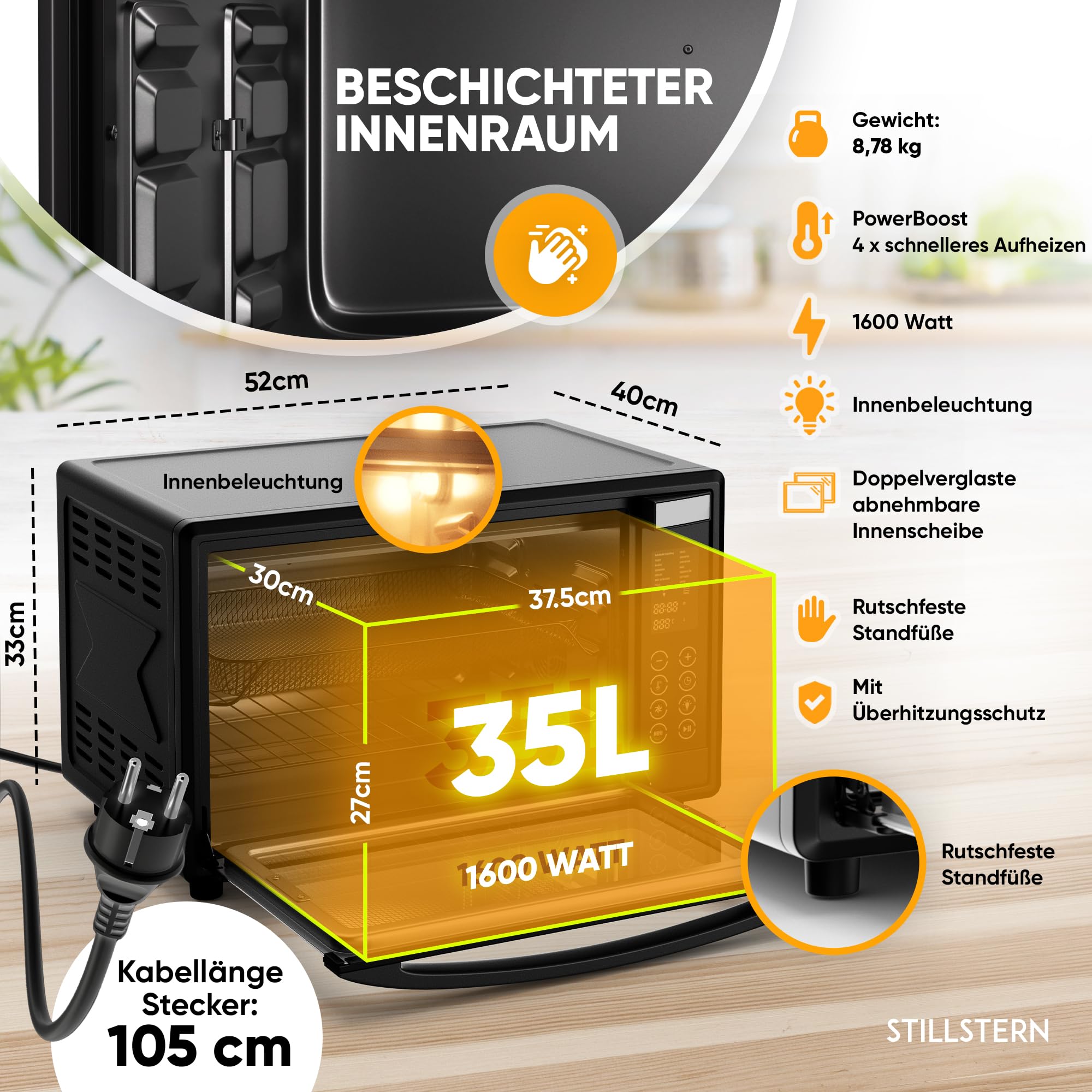 Stillstern Minibackofen mit Umluft (35L) DE Version, Pizza Ø28cm, NEU: CYCLONE PRO+ (Antihaftbeschichtung), 13 Programme, Auftauen&Warmhalten, 8h Timer, Rezeptheft, Mini Backofen Pizzaofen Grill