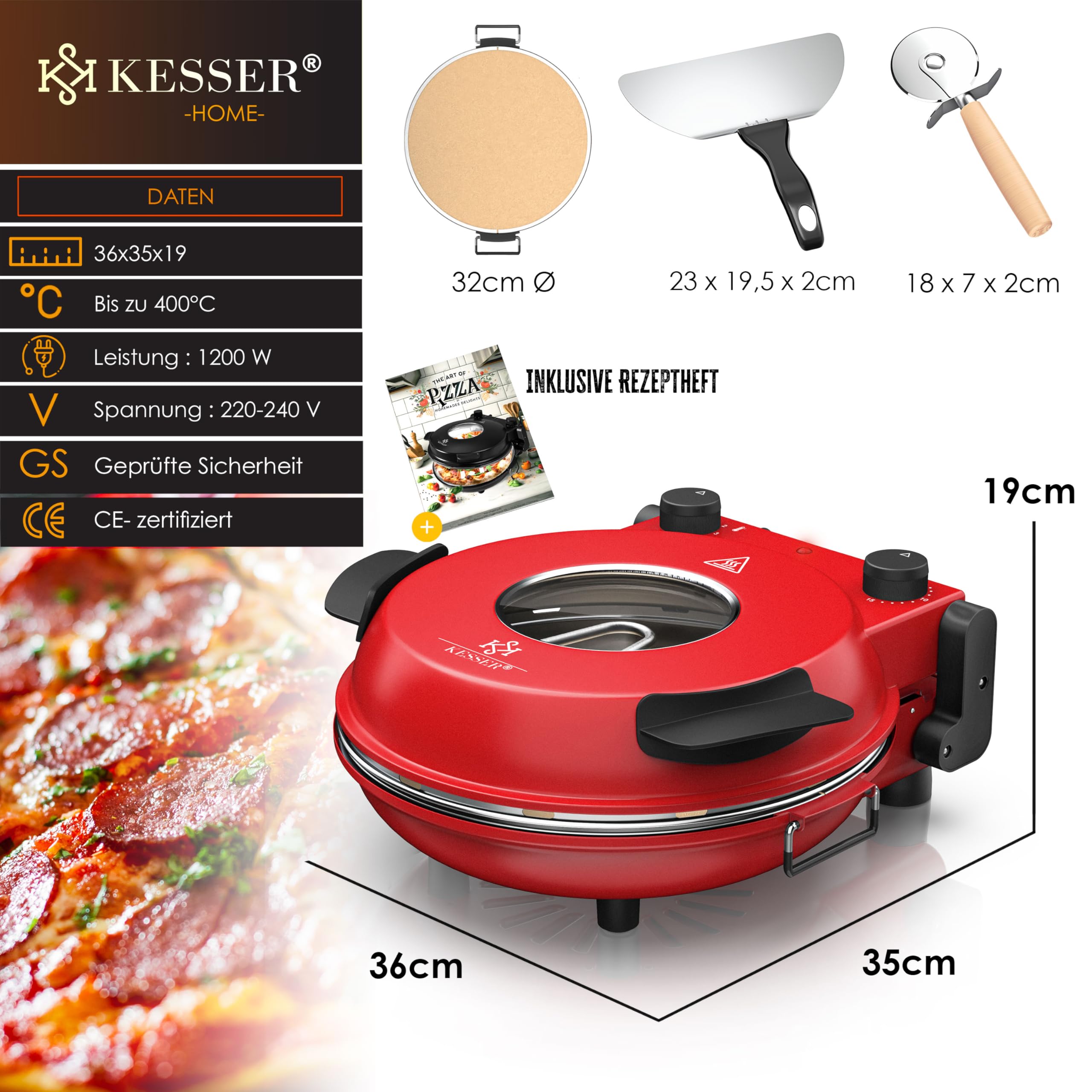 KESSER® Pizza-Ofen elektrisch bis 400 Grad | Elektrischer Pizzabäcker 1200W mit feuerfester Steinplatte & Timer Durchmesser 32cm | 5 Heizstufen & Sichtfenster | inkl. Pizzaschneider & Rezeptbuch