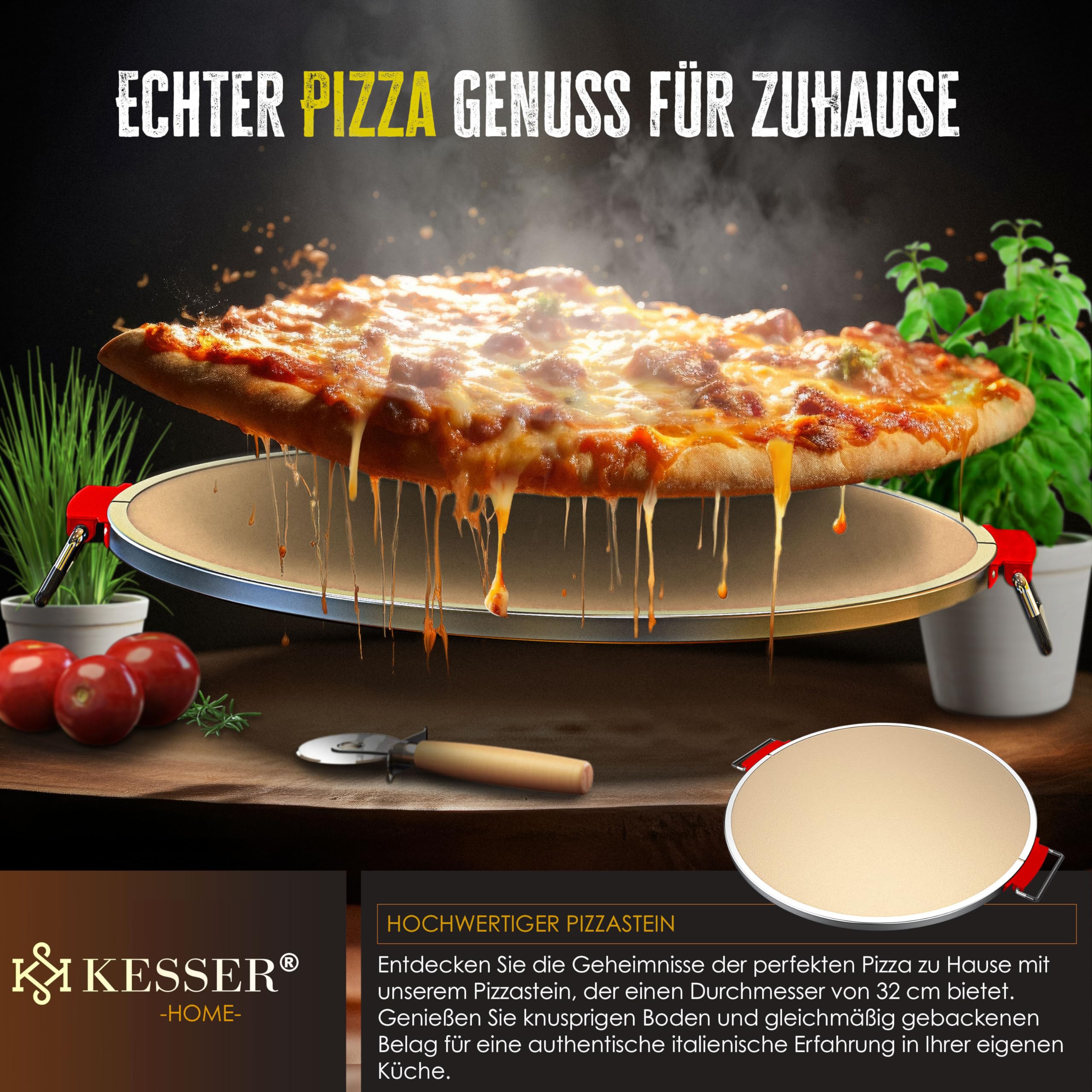 KESSER® Pizza-Ofen elektrisch bis 400 Grad | Elektrischer Pizzabäcker 1200W mit feuerfester Steinplatte & Timer Durchmesser 32cm | 5 Heizstufen & Sichtfenster | inkl. Pizzaschneider & Rezeptbuch