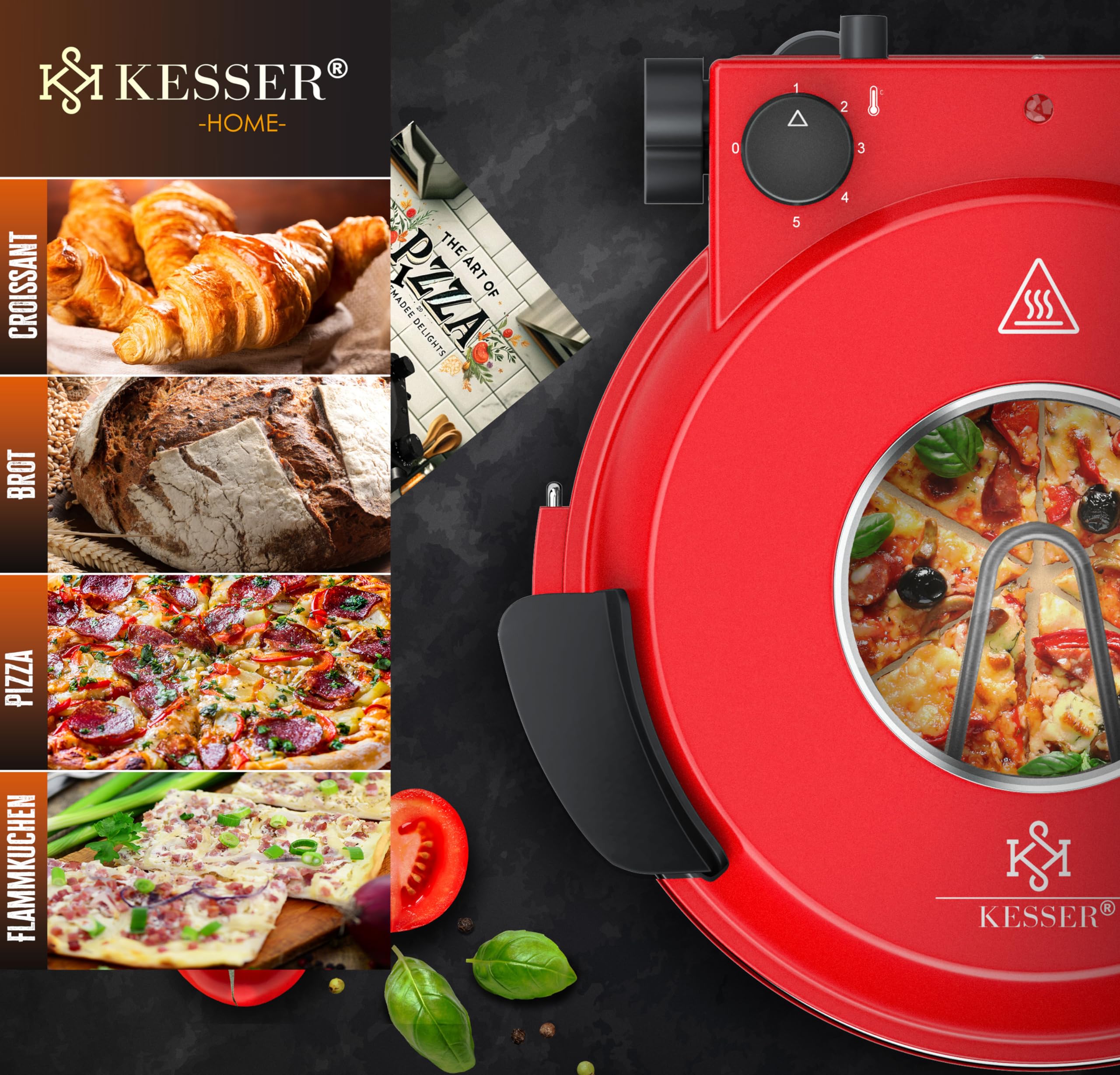 KESSER® Pizza-Ofen elektrisch bis 400 Grad | Elektrischer Pizzabäcker 1200W mit feuerfester Steinplatte & Timer Durchmesser 32cm | 5 Heizstufen & Sichtfenster | inkl. Pizzaschneider & Rezeptbuch