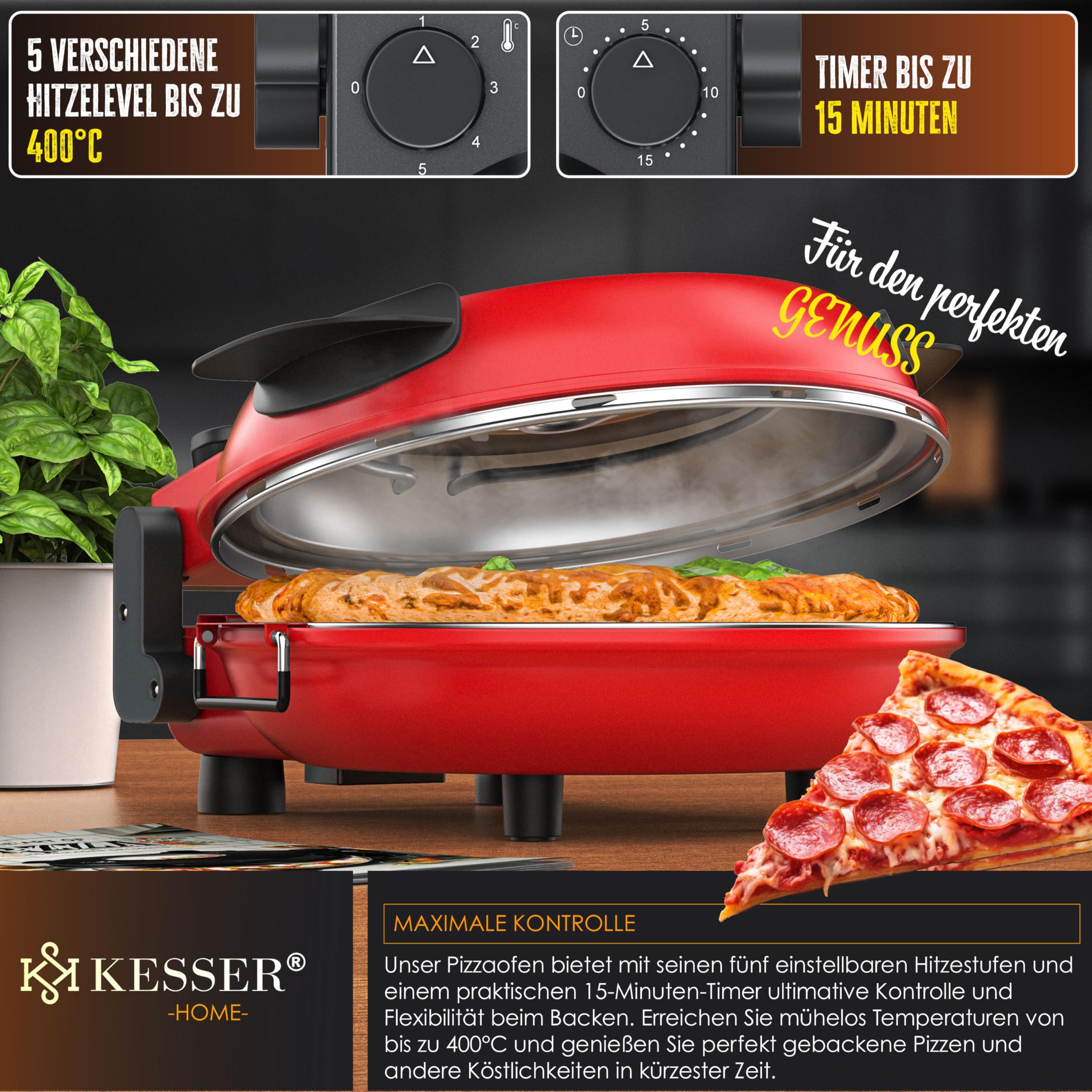 KESSER® Pizza-Ofen elektrisch bis 400 Grad | Elektrischer Pizzabäcker 1200W mit feuerfester Steinplatte & Timer Durchmesser 32cm | 5 Heizstufen & Sichtfenster | inkl. Pizzaschneider & Rezeptbuch