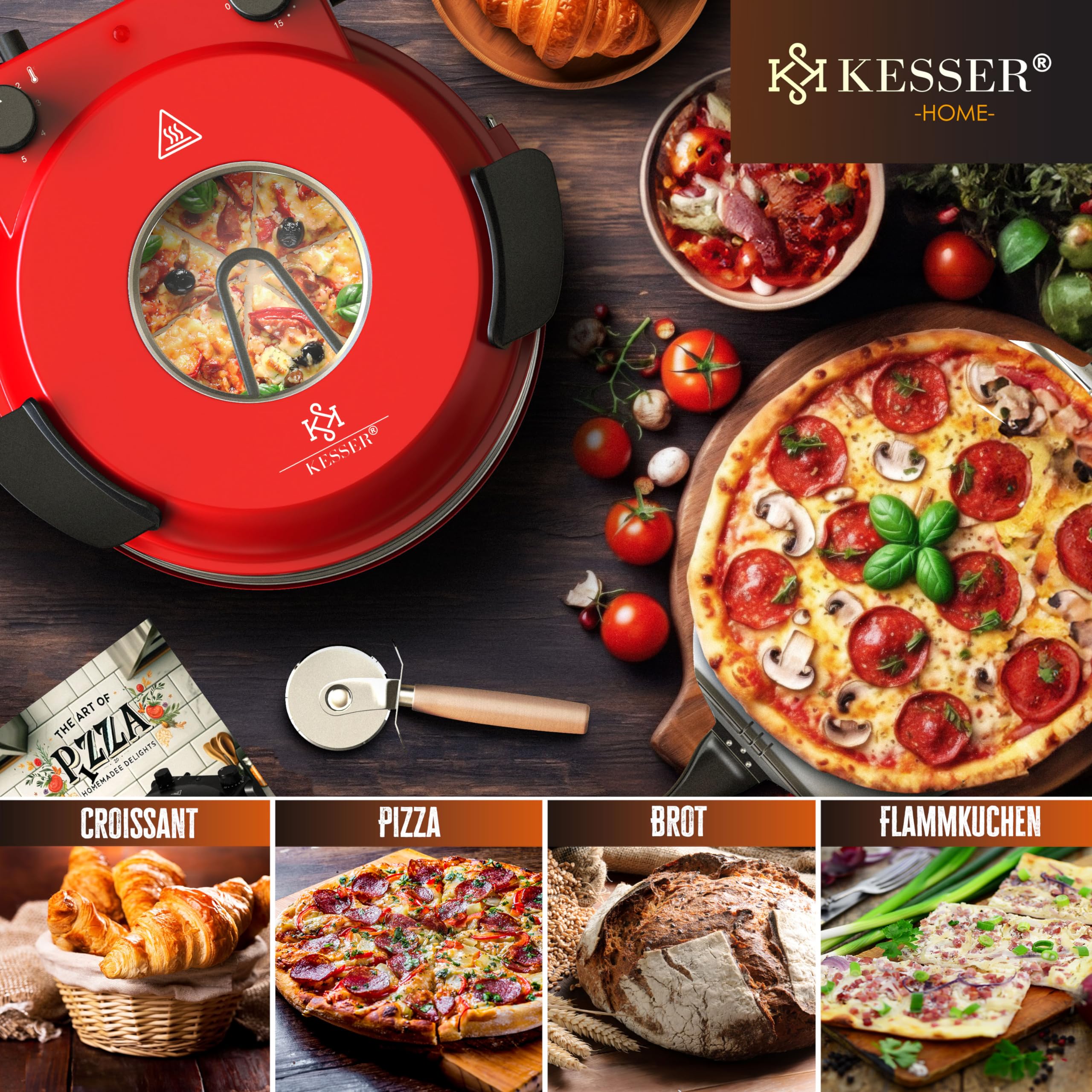 KESSER® Pizza-Ofen elektrisch bis 400 Grad | Elektrischer Pizzabäcker 1200W mit feuerfester Steinplatte & Timer Durchmesser 32cm | 5 Heizstufen & Sichtfenster | inkl. Pizzaschneider & Rezeptbuch