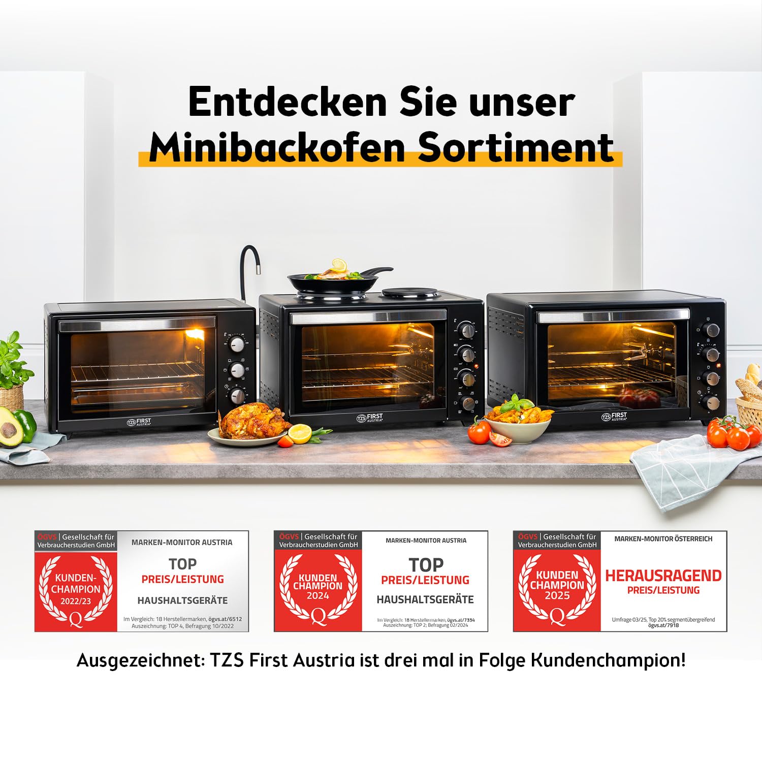 TZS First Austria - Minibackofen 45L 2000W - Mini Backofen Pizzaofen Temperaturregelung bis 230°C & Antihaftbeschichtung - Miniofen 60 Min. Timer, 4 Einschubhöhen, Backblech, Grillrost & Drehspieß
