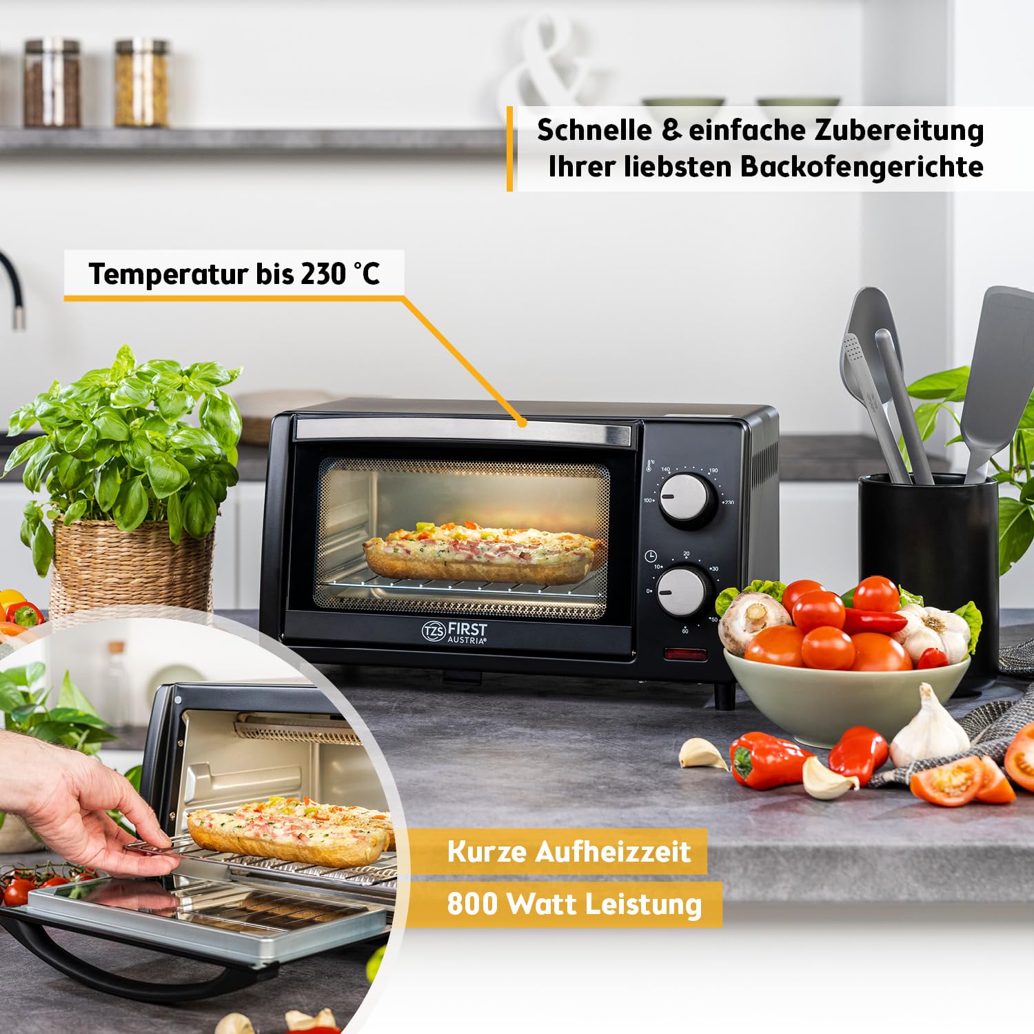 TZS First Austria - Minibackofen 10L 800W - Mini Backofen stufenlose Temperaturregelung bis 230°C - Miniofen 60 Min. Timer, 2 Einschubhöhen, Backblech & Grillrost - Für kleine Küchen & Camping