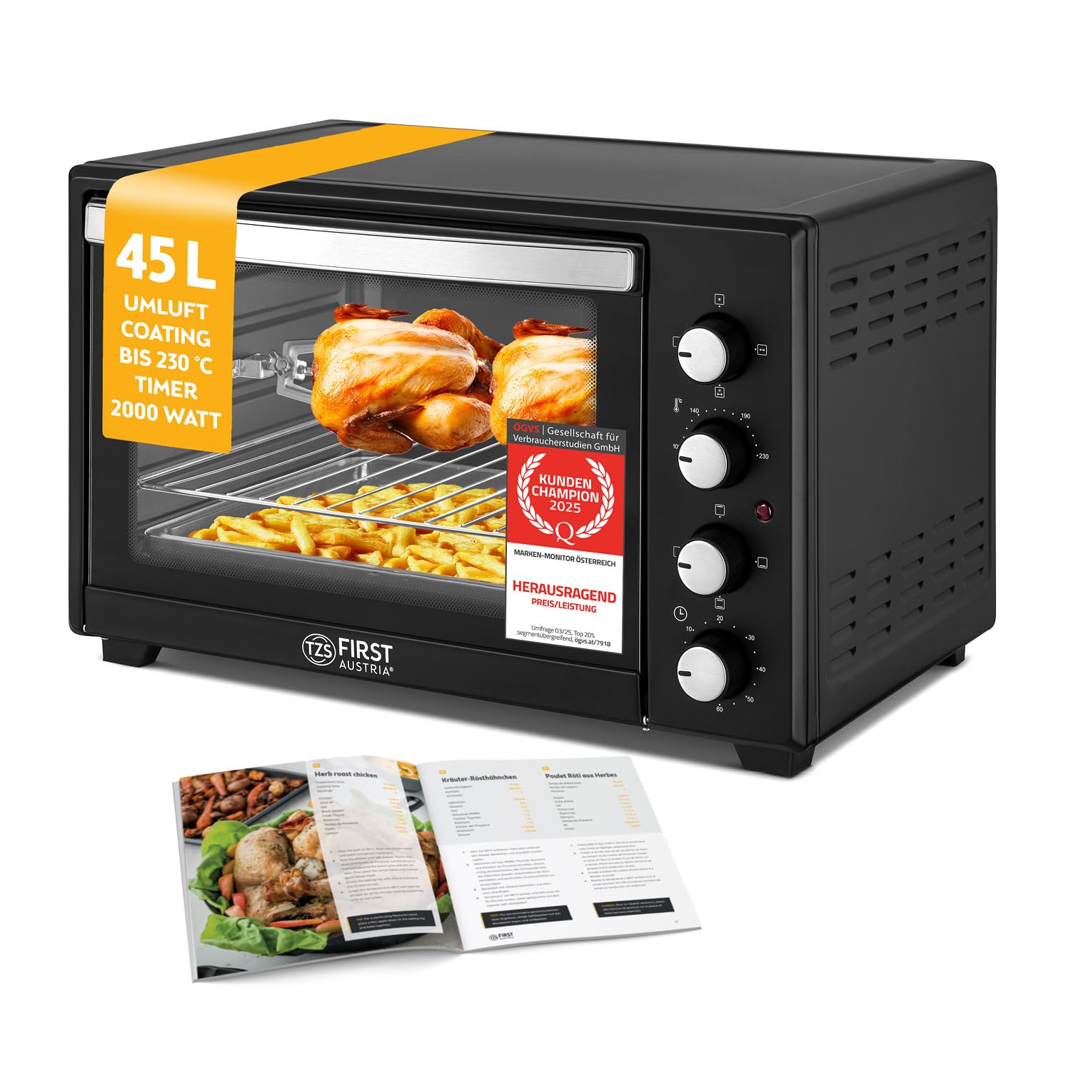TZS First Austria - Minibackofen 45L 2000W - Mini Backofen Pizzaofen Temperaturregelung bis 230°C & Antihaftbeschichtung - Miniofen 60 Min. Timer, 4 Einschubhöhen, Backblech, Grillrost & Drehspieß