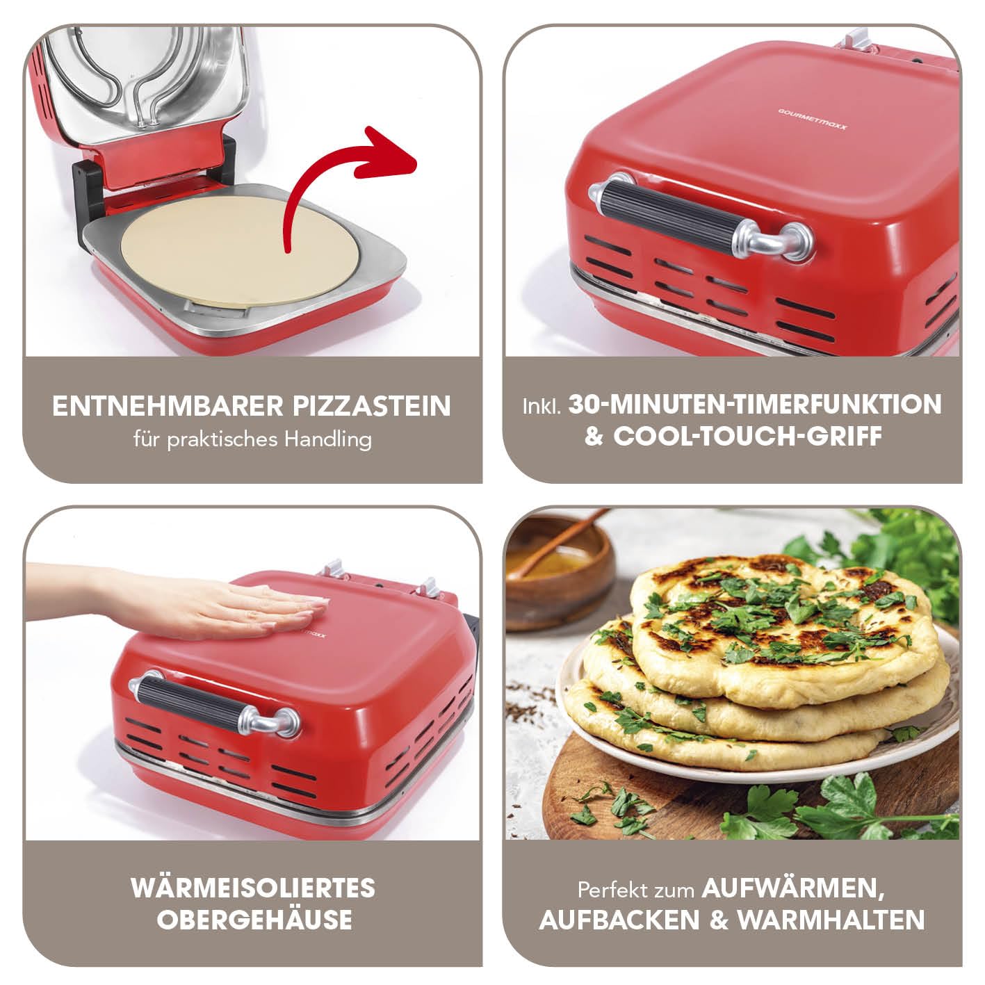 GOURMETmaxx Elektrischer Pizza-Ofen inkl. Pizzastein | Pizza-Maker mit 1800 Watt & Timerfunktion | 30 cm Durchmesser auch ideal für Flammenkuchen, Wraps oder knuspriges Brot| bis 400° C [3-4 min]