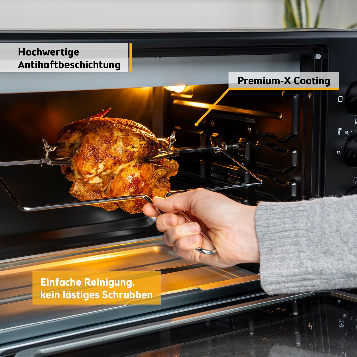TZS First Austria - Minibackofen 45L 2000W - Mini Backofen Pizzaofen Temperaturregelung bis 230°C & Antihaftbeschichtung - Miniofen 60 Min. Timer, 4 Einschubhöhen, Backblech, Grillrost & Drehspieß