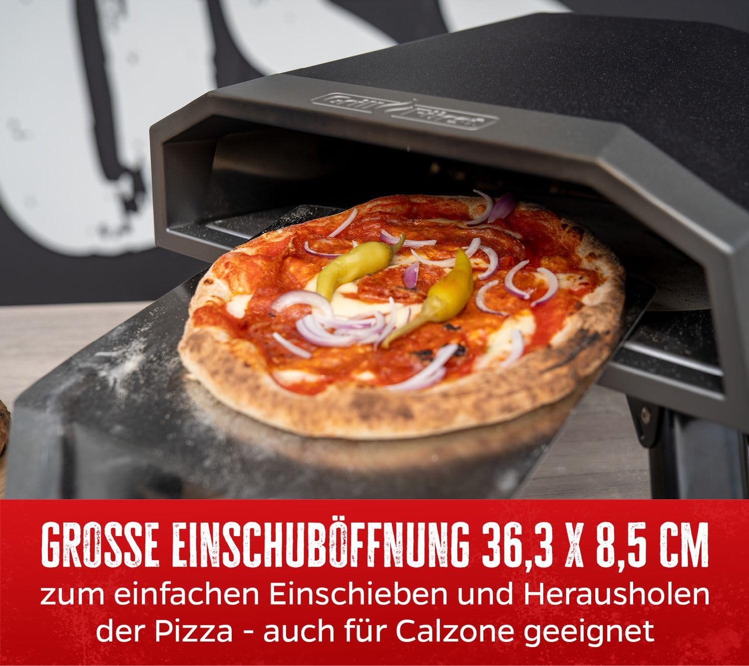 Grillfürst Gas Pizzaofen 305 mit drehbarem Pizzastein inkl. Starterset mit Pizzaschieber, 2 Pizzablechen und Pizzaschneider - bis zu 400°C, 4,65 kW starker Outdoor-Ofen, perfekt für knusprige Pizza