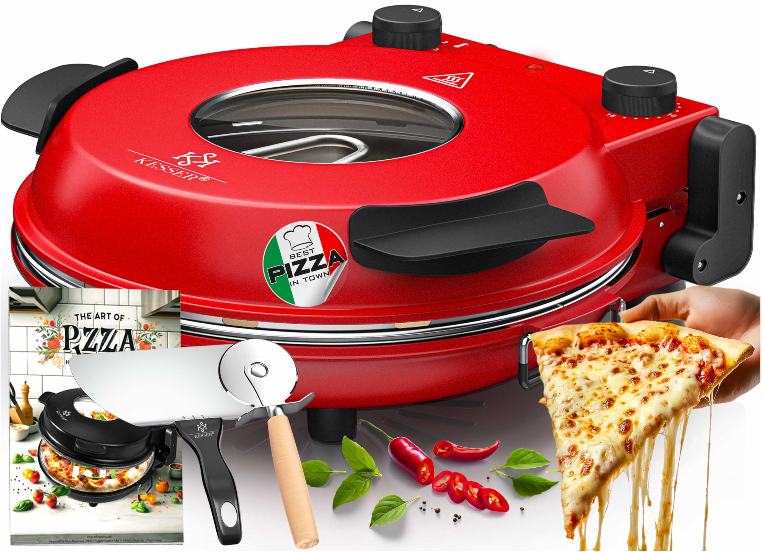KESSER® Pizza-Ofen elektrisch bis 400 Grad | Elektrischer Pizzabäcker 1200W mit feuerfester Steinplatte & Timer Durchmesser 32cm | 5 Heizstufen & Sichtfenster | inkl. Pizzaschneider & Rezeptbuch