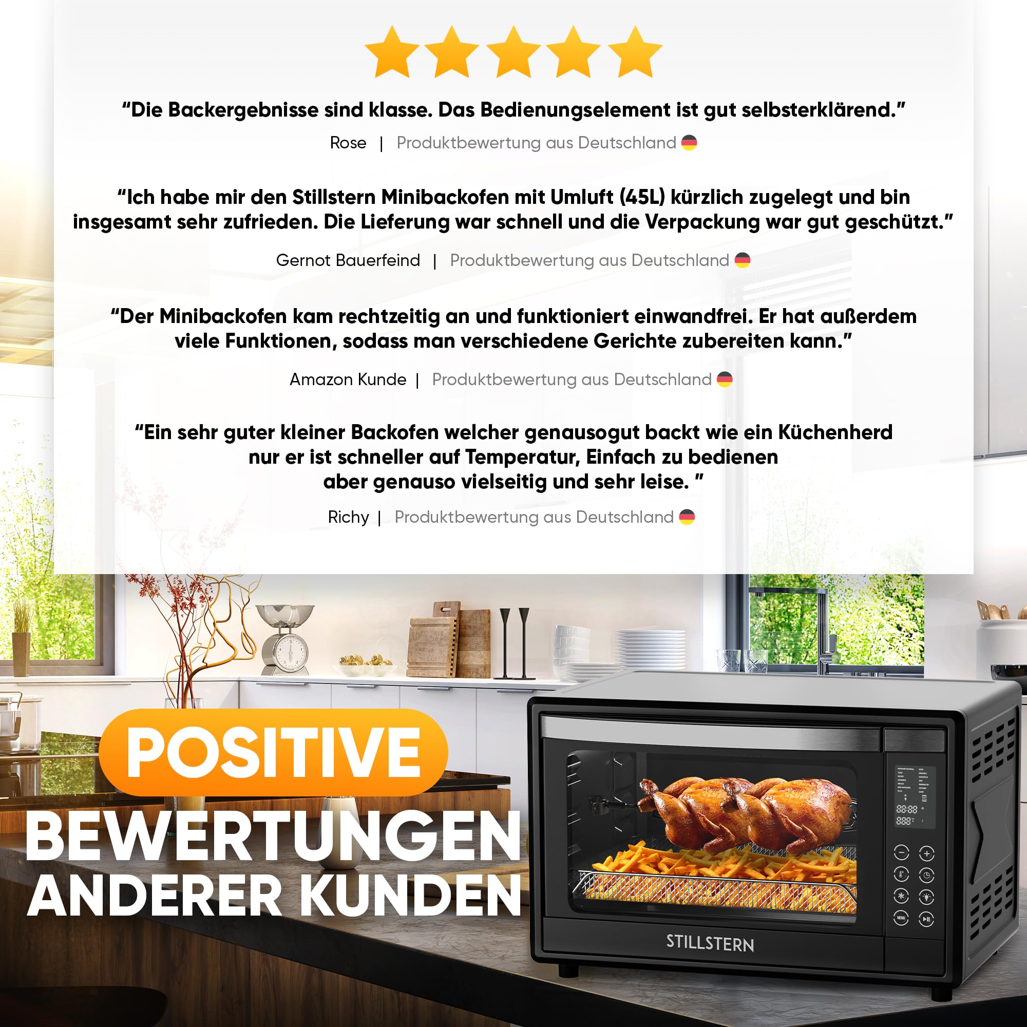 Stillstern Minibackofen mit Umluft (45L) DE Version, Pizza Ø32cm, NEU: CYCLONE PRO+ (Antihaftbeschichtung), 13 Programme, Auftauen&Warmhalten, 8h Timer, Rezeptheft, Mini Backofen Pizzaofen Grill