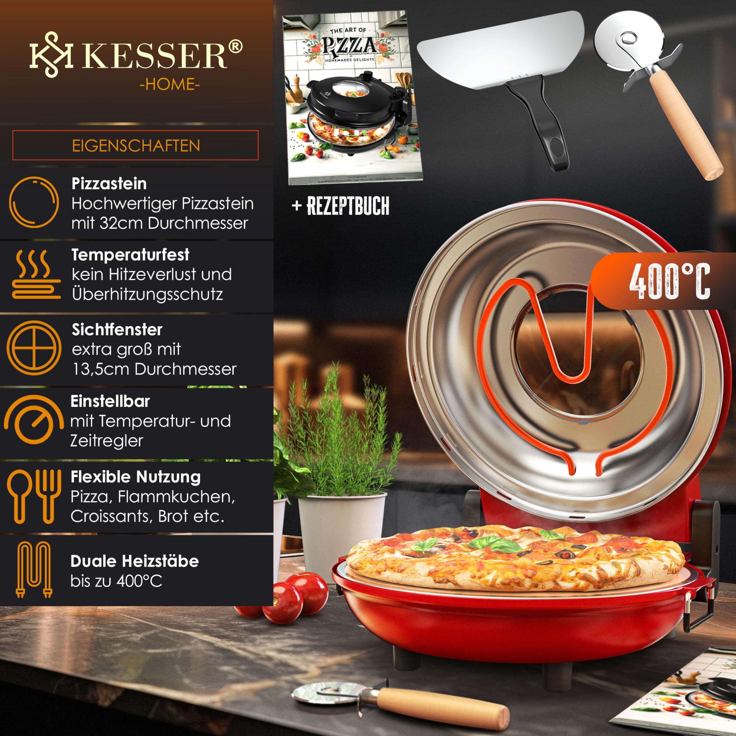 KESSER® Pizza-Ofen elektrisch bis 400 Grad | Elektrischer Pizzabäcker 1200W mit feuerfester Steinplatte & Timer Durchmesser 32cm | 5 Heizstufen & Sichtfenster | inkl. Pizzaschneider & Rezeptbuch